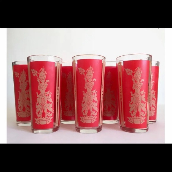 Vintage Mid Century Modern Thai Goddess Lakshmi Tall Red Tumbler Glasses - 9 - Picture 2 of 5